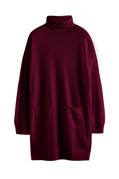 Maroon dress with a high collar on a white background