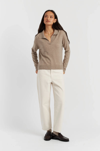 Warm-Oatmeal Wool-Cashmere Collared Sweater