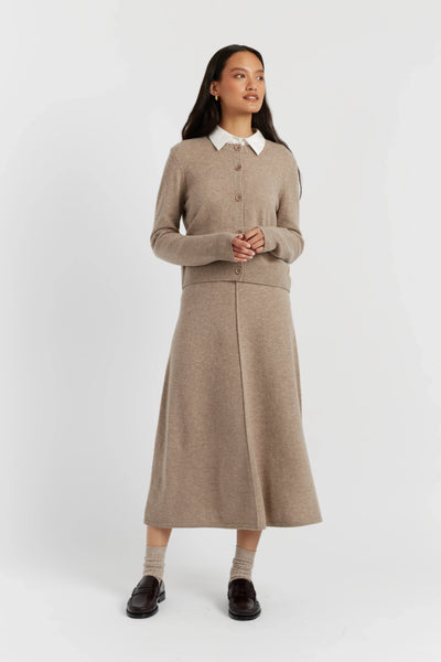 Warm-Oatmeal Wool-Cashmere Crew Neck Cardigan