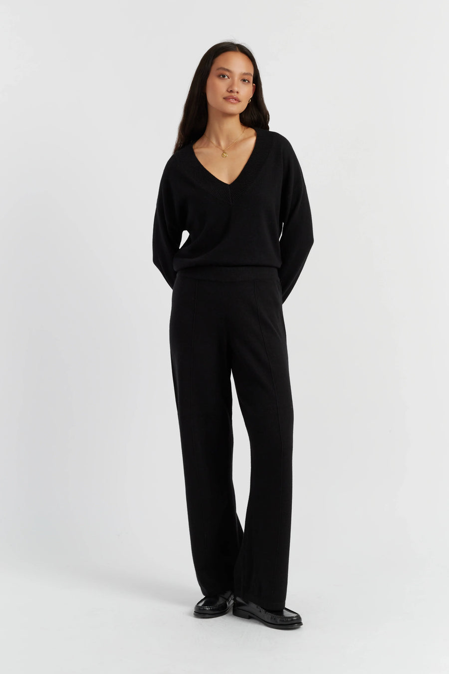 Black Wool-Cashmere Wide-Leg Track Pants