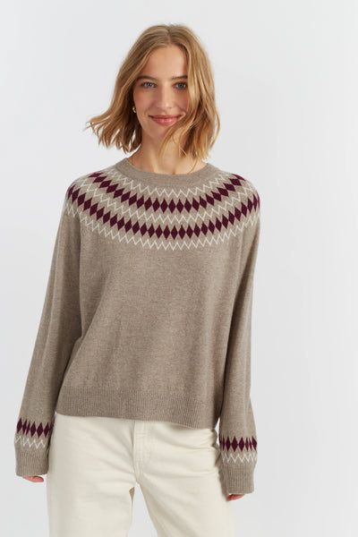 Warm-Oatmeal Wool-Cashmere Fair Isle Sweater