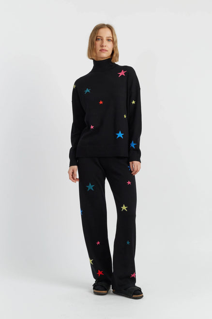 Black Wool-Cashmere Star Wide-Leg Track Pants