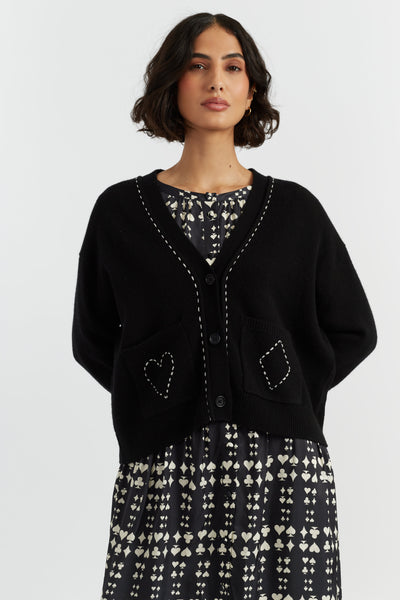 Black Wool-Cashmere Queen of Hearts Cardigan