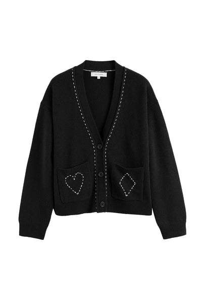 Black Wool-Cashmere Queen of Hearts Cardigan