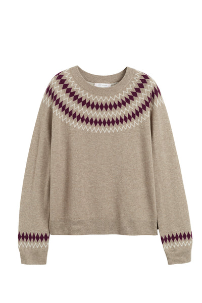 Warm-Oatmeal Wool-Cashmere Fair Isle Sweater