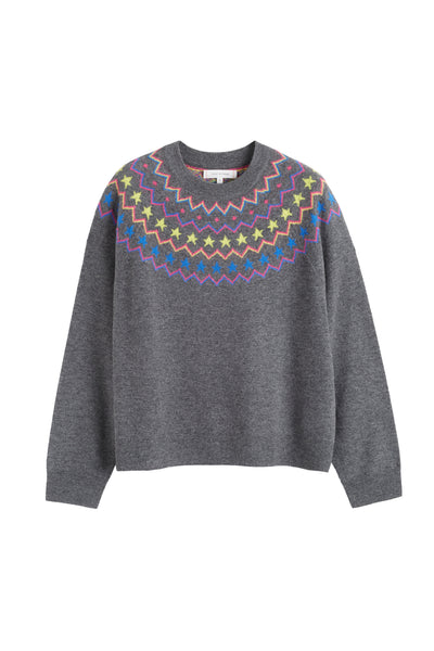 Gray sweater with colorful pattern on a white background