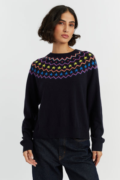 Navy Wool-Cashmere Star Yoke Sweater