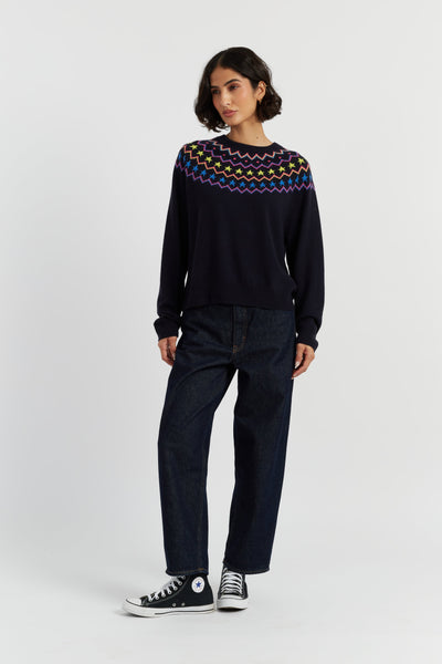 Navy Wool-Cashmere Star Yoke Sweater