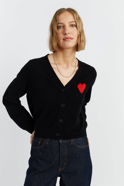 Black Wool-Cashmere Heart Breton Cardigan