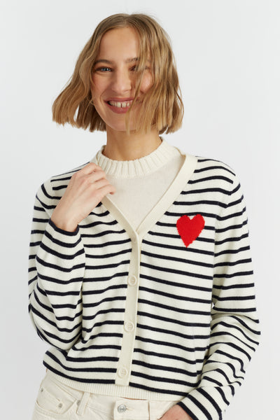 Cream-Navy Wool-Cashmere Heart Breton Cardigan