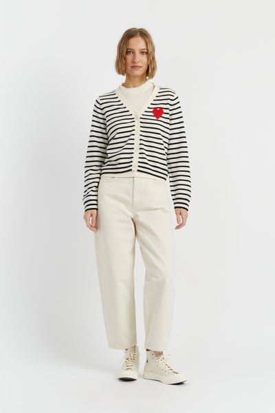 Cream-Navy Wool-Cashmere Heart Breton Cardigan
