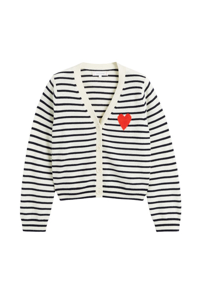 Cream-Navy Wool-Cashmere Heart Breton Cardigan