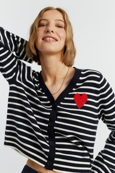 Navy-Cream Wool-Cashmere Heart Breton Cardigan