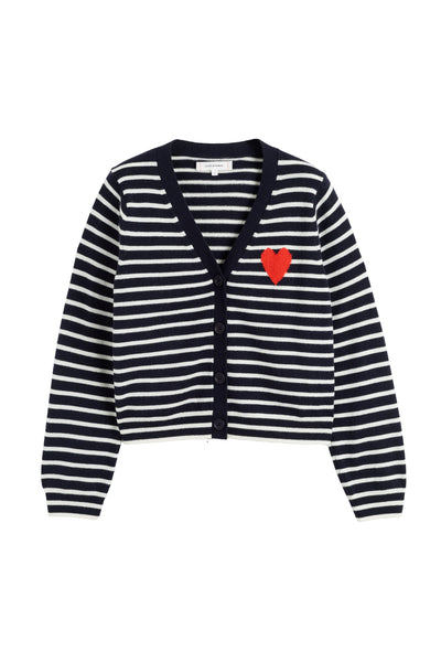 Navy-Cream Wool-Cashmere Heart Breton Cardigan