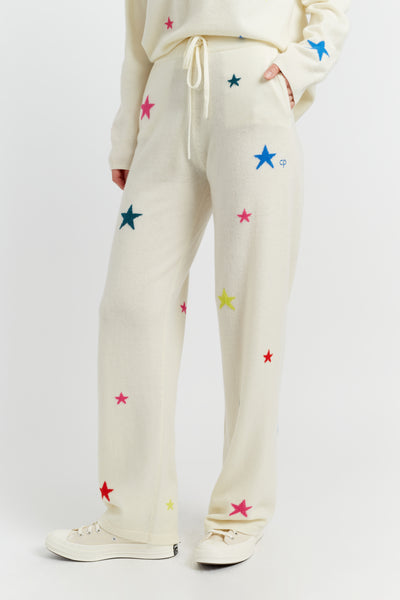 Cream Wool-Cashmere Star Wide-Leg Track Pants
