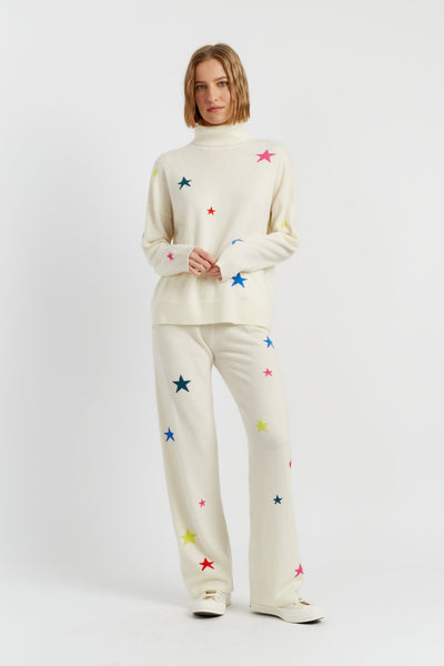 Cream Wool-Cashmere Star Wide-Leg Track Pants