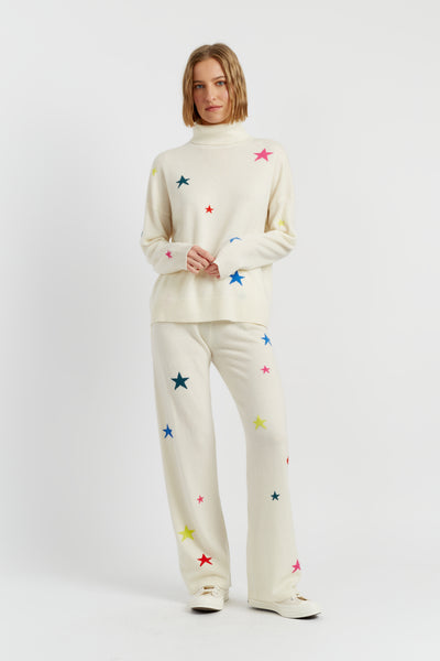 Cream Wool-Cashmere Star Wide-Leg Track Pants