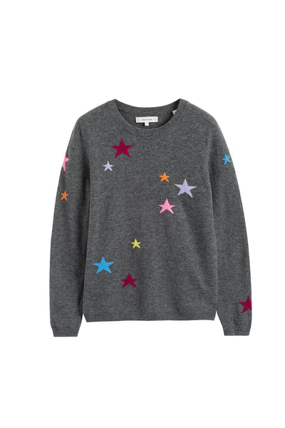 Gray sweater with colorful star patterns on a white background