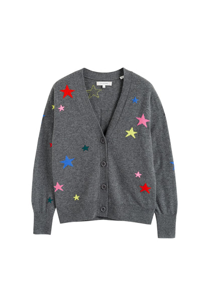 Gray cardigan with colorful star patterns on a white background