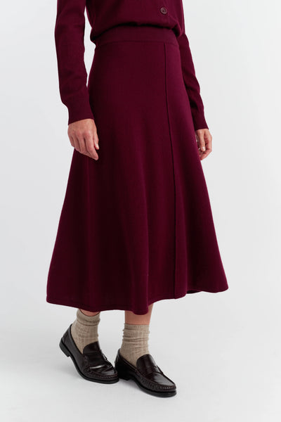 Person wearing a burgundy skirt with a matching top on a white background