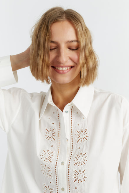 SAMPLE SALE - NO REFUNDS Cream Cotton-Lyocell Broderie Shirt Dress