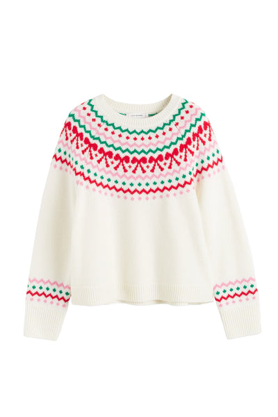 White sweater with red and green pattern on a white background