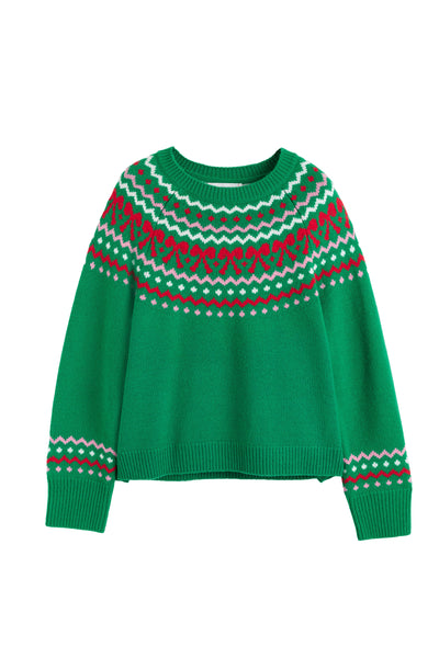Green sweater with a pattern on a white background