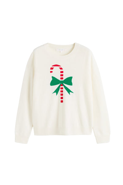 White sweater with candy cane and bow design on a white background