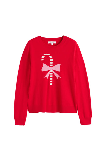 Red sweater with candy cane and bow design on a white background