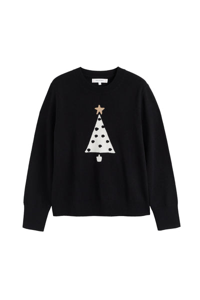 Black sweater with a Christmas tree design on a white background