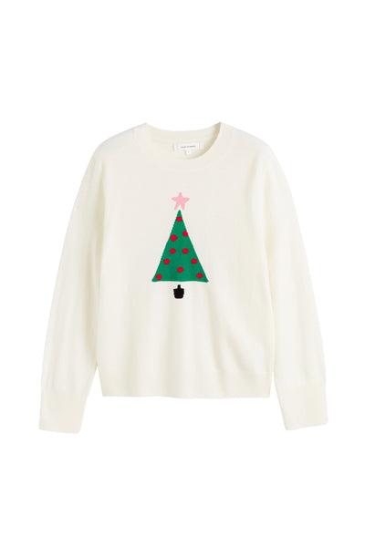 White sweater with a Christmas tree design on a white background