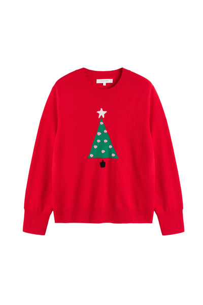 Red sweater with a Christmas tree design on a white background