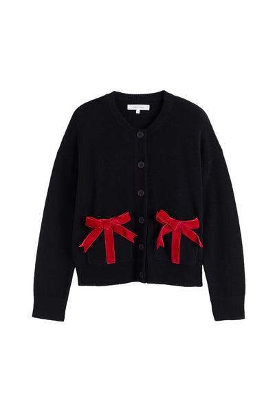 Black cardigan with red bows on a white background