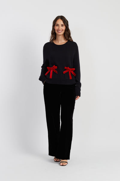 Black Wool-Cashmere Velvet Bow Sweater
