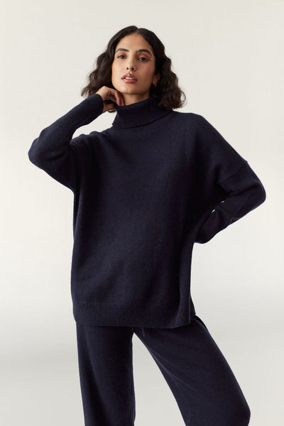 Navy Pure Cashmere Rollneck Sweater
