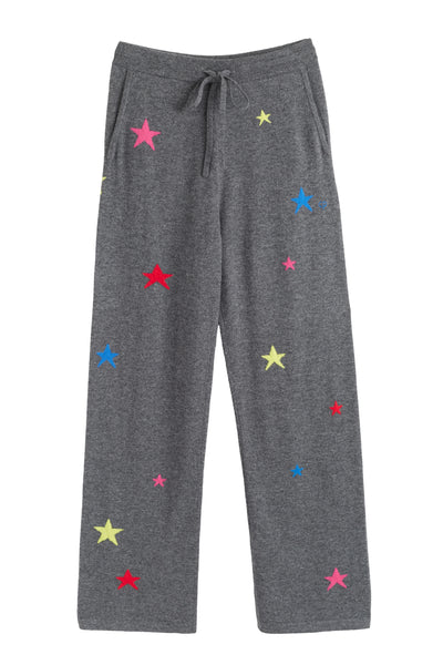 Gray pants with colorful star patterns on a white background