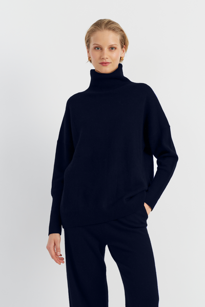 Navy Pure Cashmere Rollneck Sweater