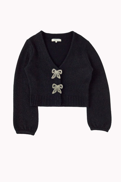 Black sweater with bow details on a white background