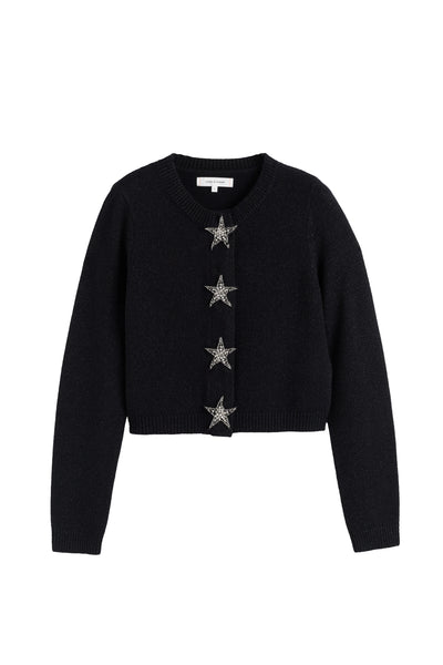 Black cardigan with star embellishments on a white background