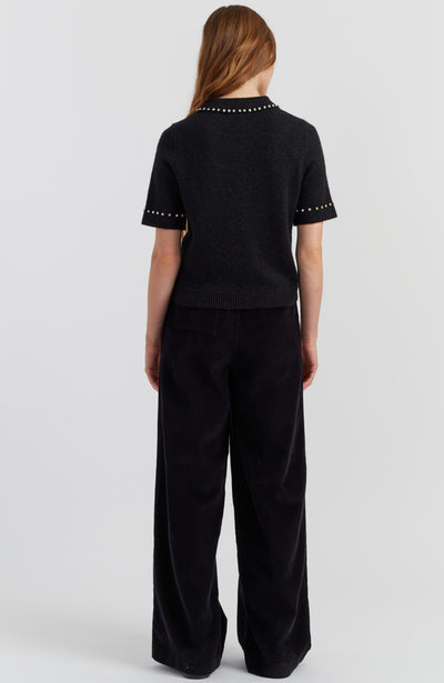 Black Wool-Cashmere Diamonte Polo Top