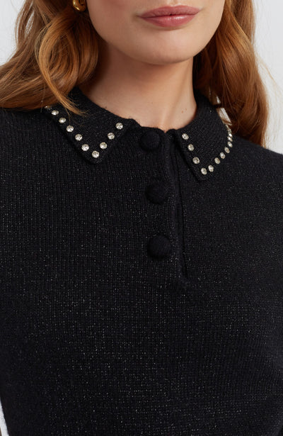 Black Wool-Cashmere Diamonte Polo Top