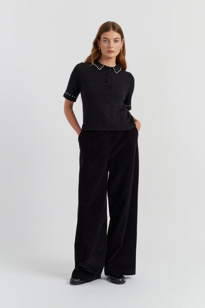 Black Wool-Cashmere Diamonte Polo Top