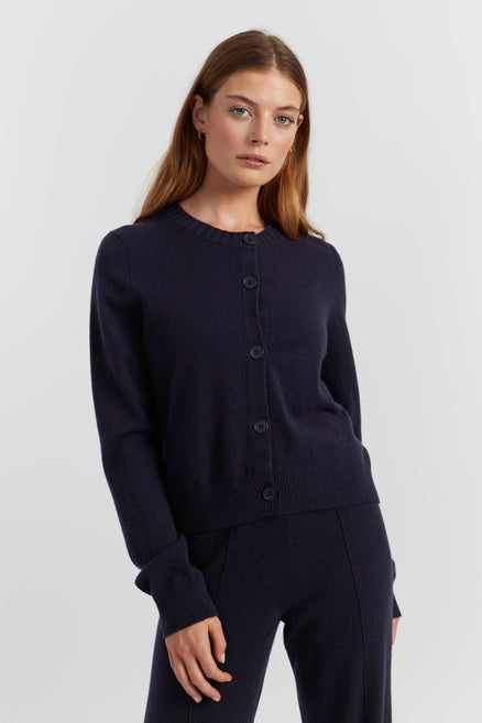 Navy Wool-Cashmere Crew Neck Cardigan