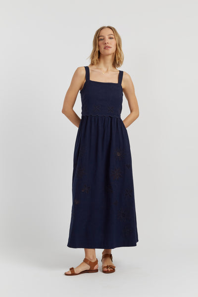Navy Linen-Blend Broderie Summer Dress - Chinti & Parker USD