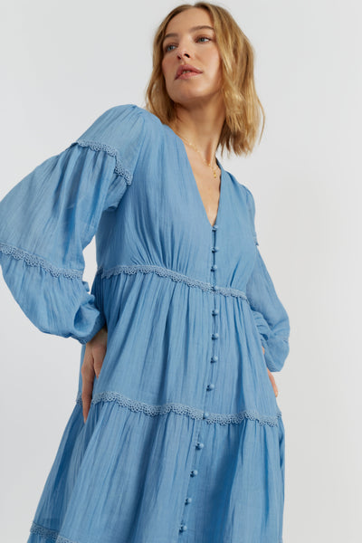 Dusty-Blue Cotton Scallop Dress - Chinti & Parker USD - USA Dusty-Blue Cotton Scallop Dress - Chinti & Parker USD - USA