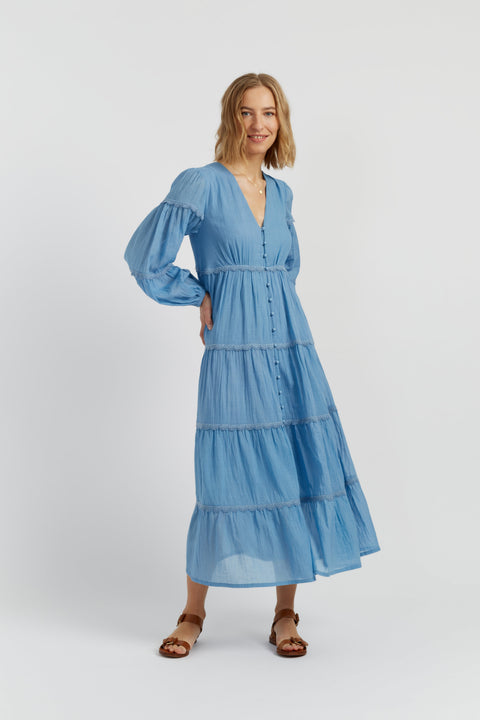 Dusty-Blue Cotton Scallop Dress - Chinti & Parker USD Dusty-Blue Cotton Scallop Dress - Chinti & Parker USD