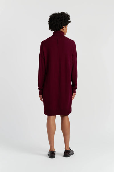 Person wearing a burgundy dress on a white background