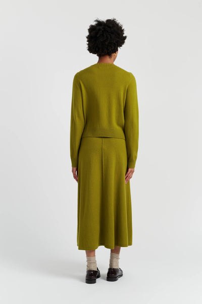 Person wearing a green dress with a plain background