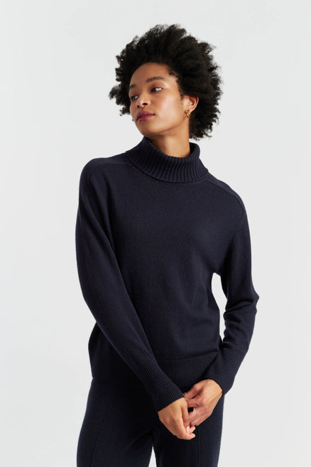 Navy Wool-Cashmere Raglan Rollneck Sweater
