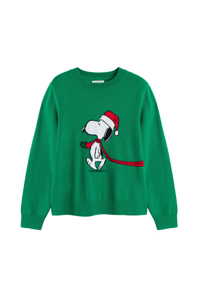 Green sweatshirt with a cartoon character wearing a Santa hat on a white background
